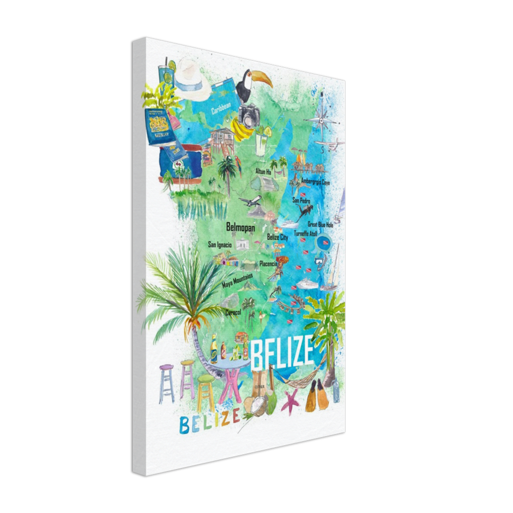 Belize Caribbean Illustrated Travel Map with Roads and Tourist Highlights