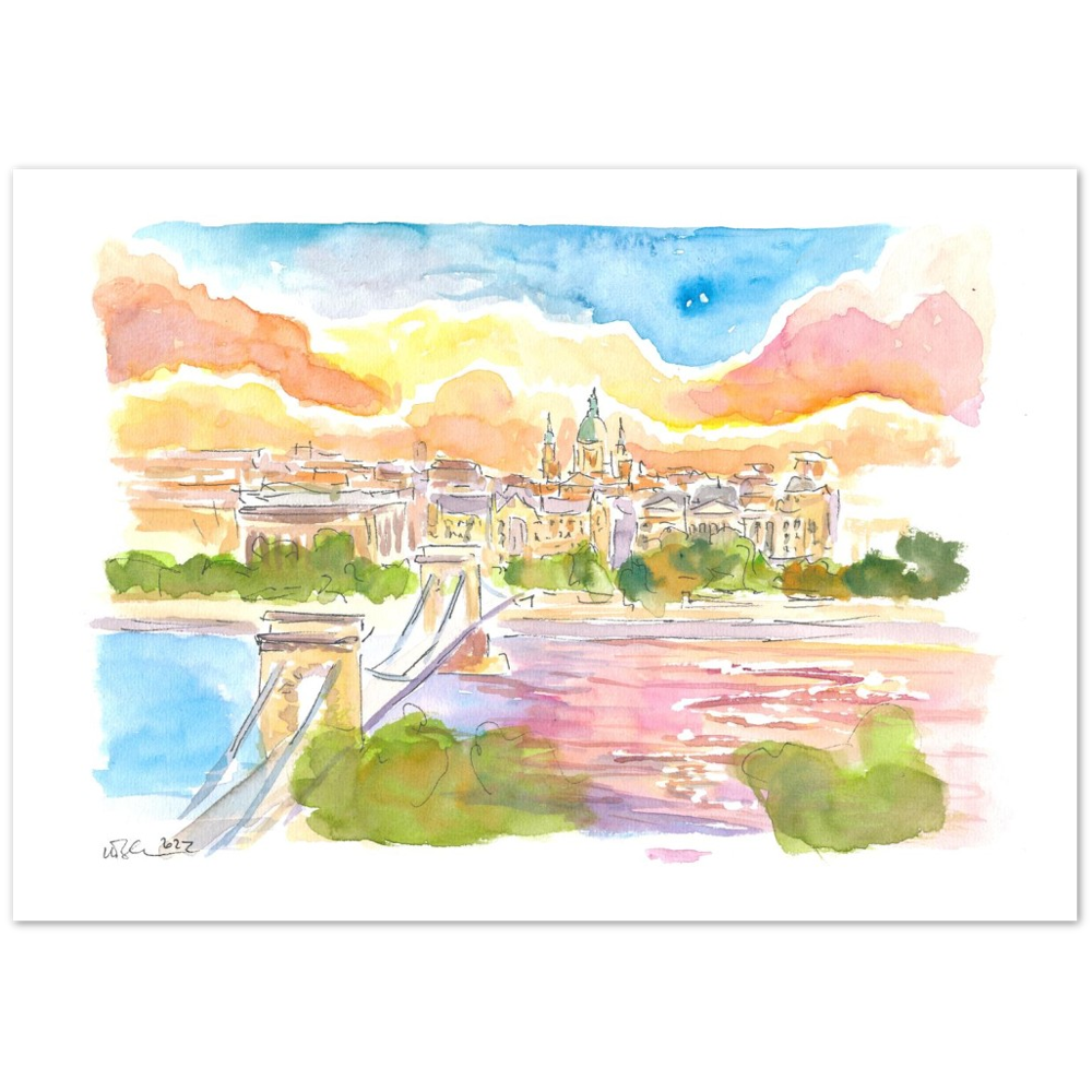 Budapest Hungary Elisabeth Bridge over River Danube at Sunset
