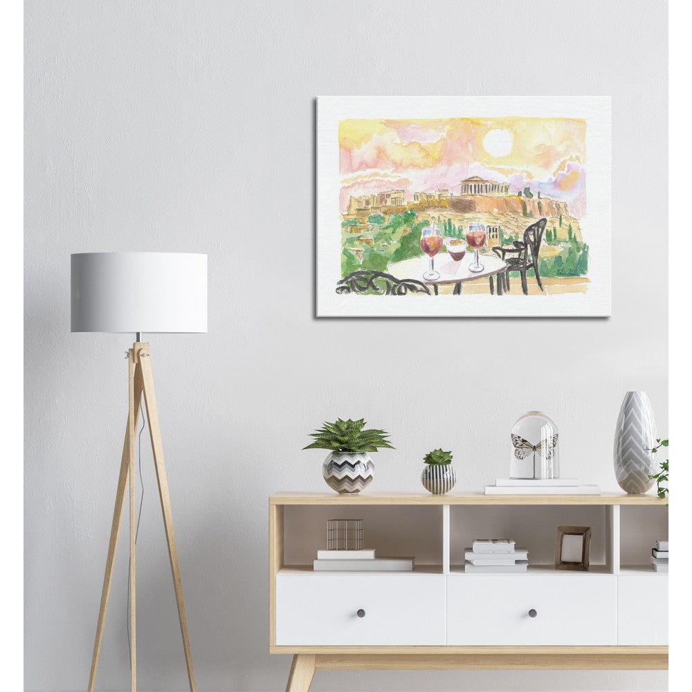 Sunset Romance in Athens Greece with Aperitif and Acropolis View - Limited Edition Fine Art Print - Original Painting available
