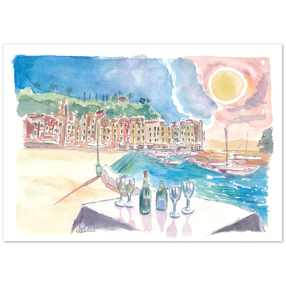 Table for Amore in Portofino with View of Port and Sea - Limited Edition Fine Art Print - Original Painting available