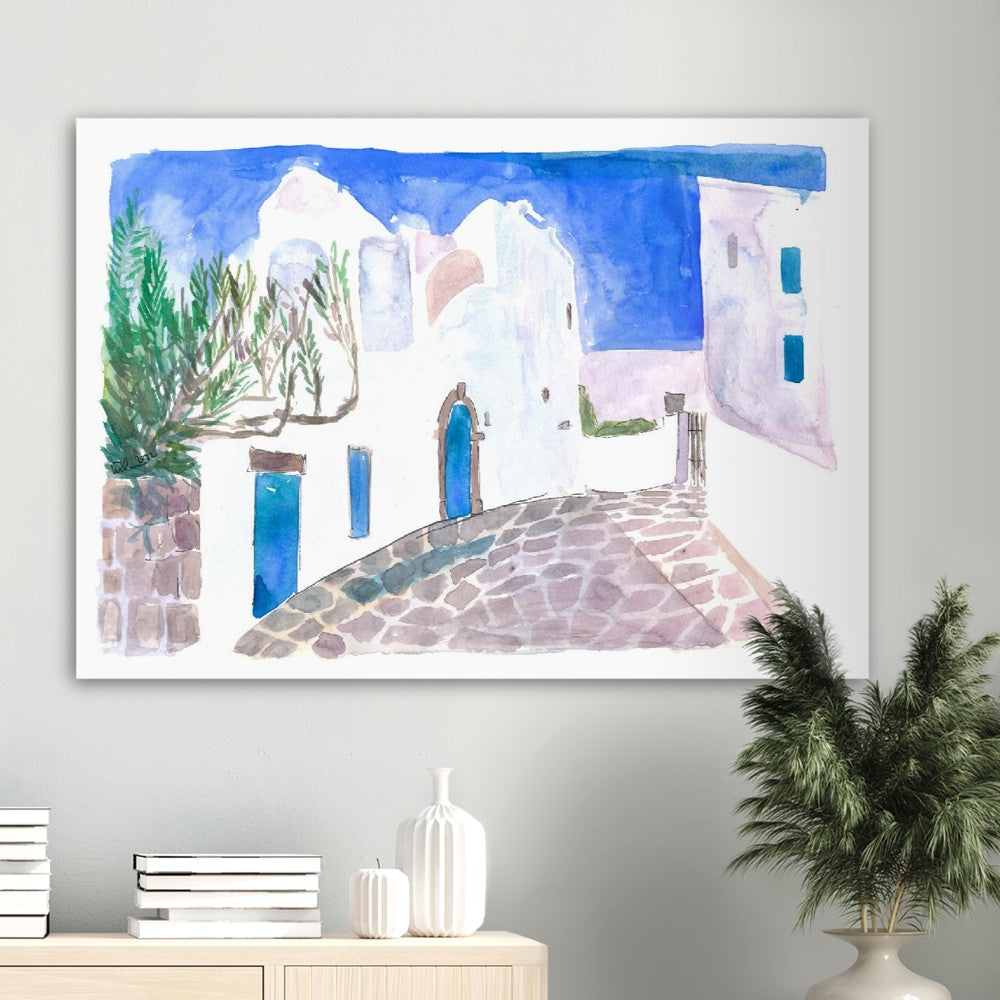 Mediterranean Alley with White Houses and Blue Doors - Limited Edition Fine Art Print - Original Painting available