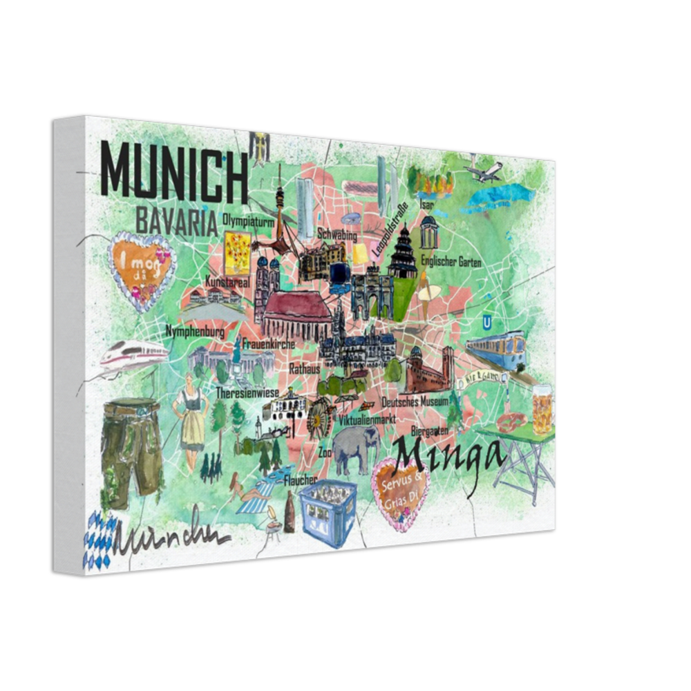 Munich Bavaria Germany Illustrated Travel Map with Roads and Tourist Highlights