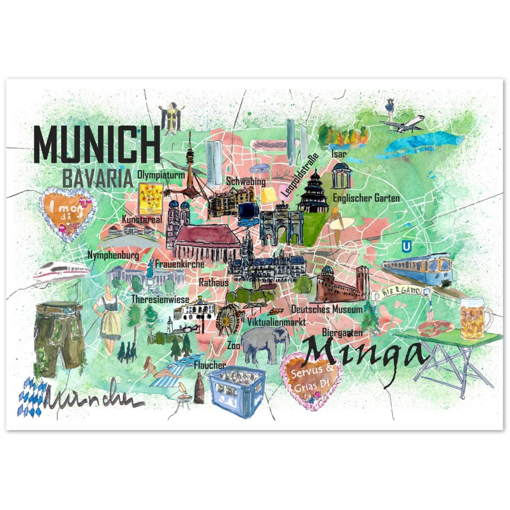 Munich Bavaria Germany Illustrated Travel Map with Roads and Tourist Highlights
