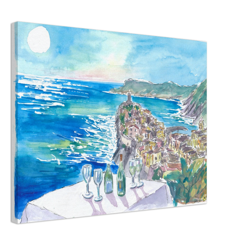 Mediterranean View from Restaurant with Wine and Vernazza Cinque Terre - Limited Edition Fine Art Print - Original Painting available