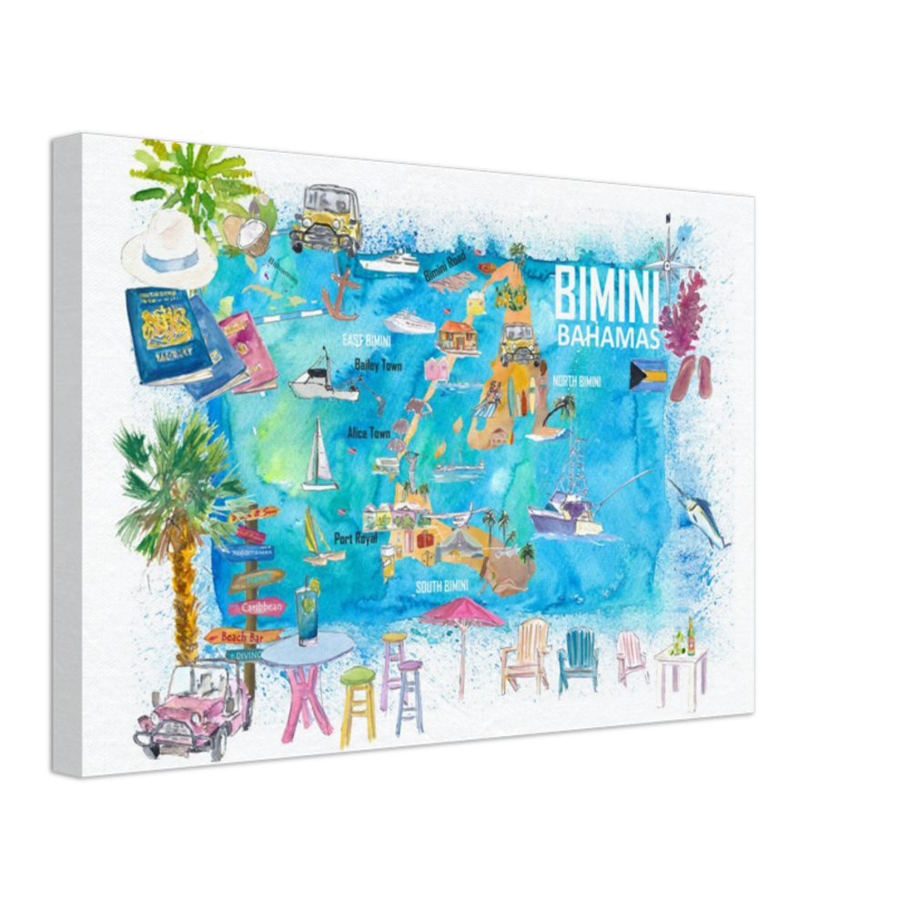 Bimini Bahamas Illustrated Map with Island Tourist Highlights - Fine Art Print