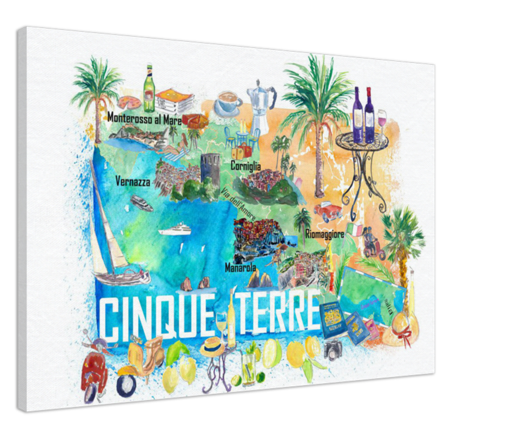 Cinque Terre Italien Illustrierte Mittelmeer-Reisekarte Highlights Golfs