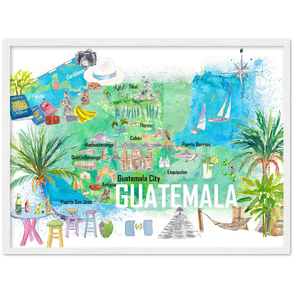 Guatemala Illustrated Travel Map with Roads and Highlights