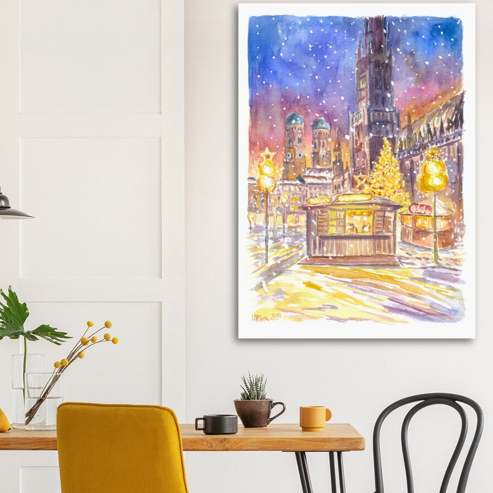 Snowy Munich Winter Scene - Romantic Marienplatz XMAS Market - Limited Edition Fine Art Print - Original Painting available