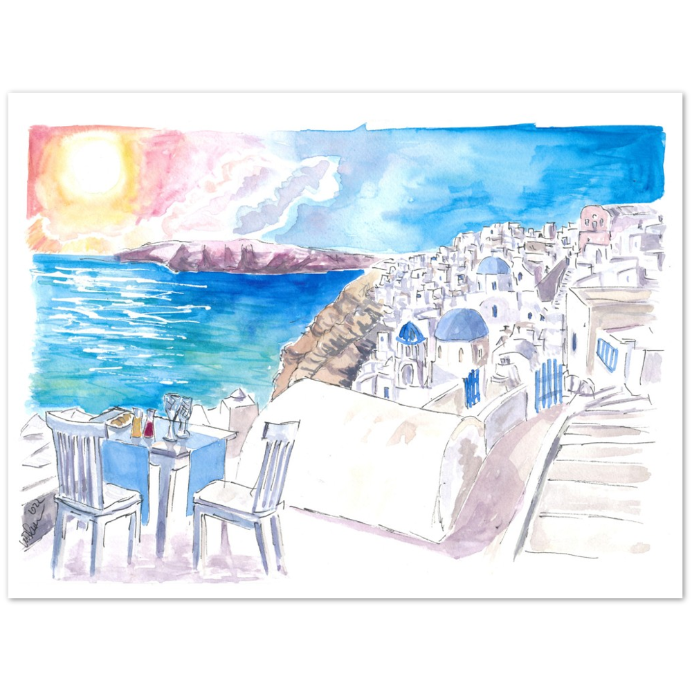 Santorini Sunset View with Rooftop Bar and Fruit Juices - Limited Edition Fine Art Print - Original Painting available
