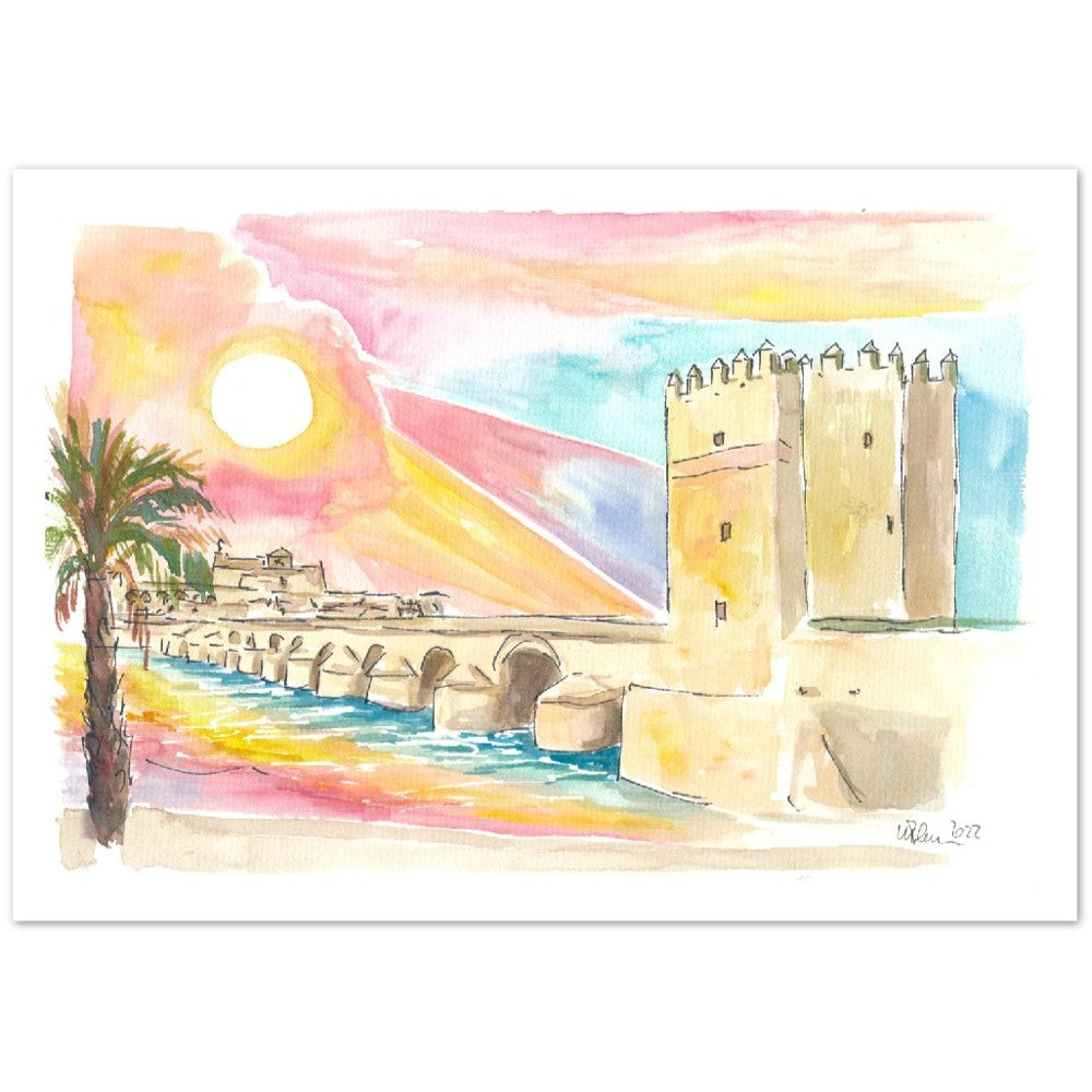 Cordoba Sunset in Andalusia with Historic Roman Bridge - Limited Edition Fine Art Print - Original Painting available