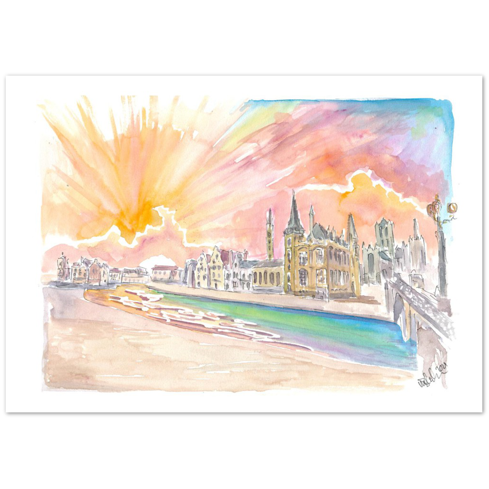 Ghent Belgium Historic City Center with Sunset - Limited Edition Fine Art Print