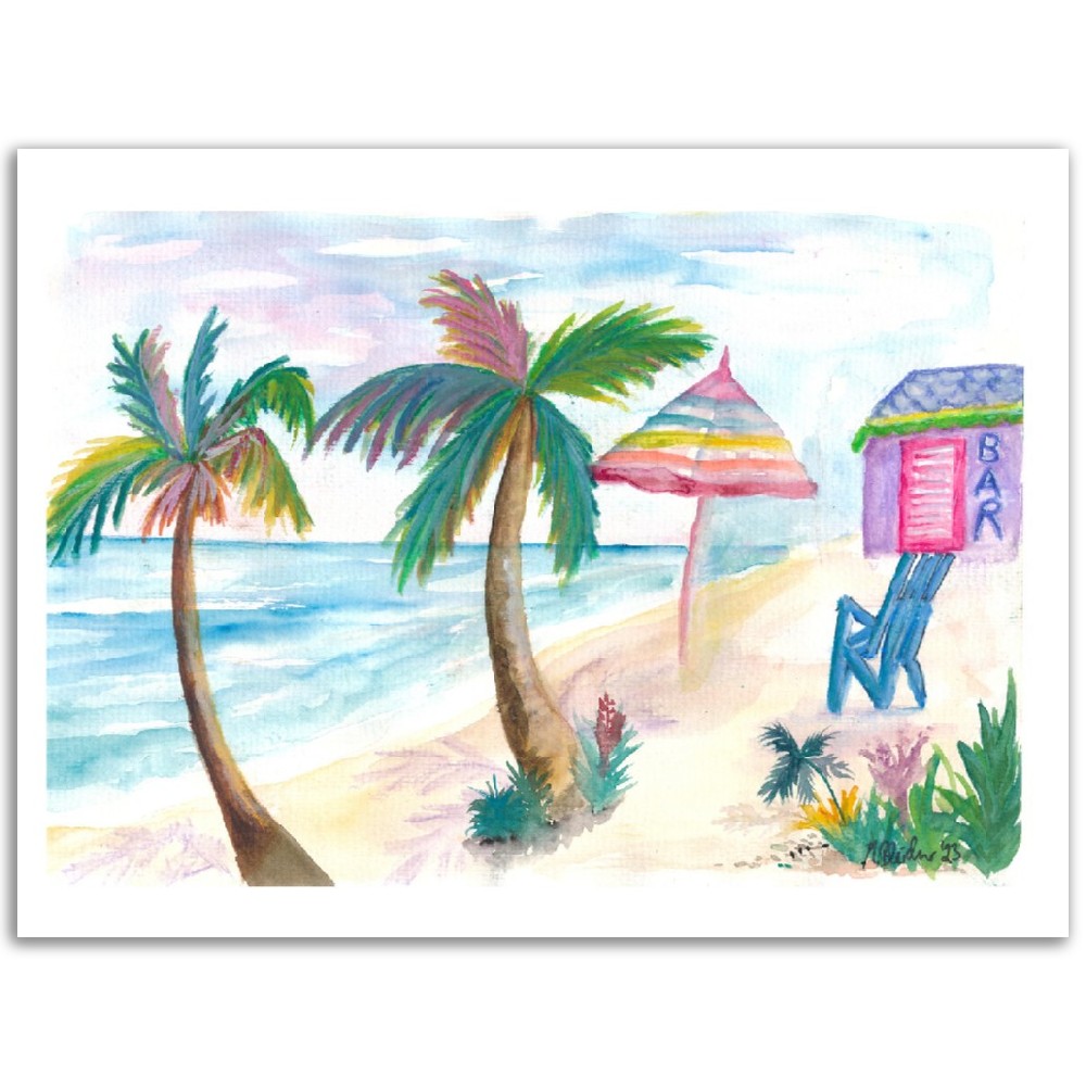 Bahamas Beach Bar with Rainbow Umbrella and Seaview - Limited Edition Fine Art Print - Original Painting available