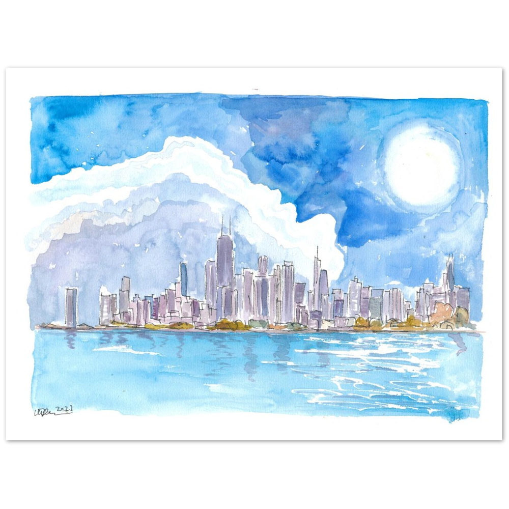 Chicago Skyline Impressions with Lake Michigan and Water Reflections - Limited Edition Fine Art Print - Original Painting available