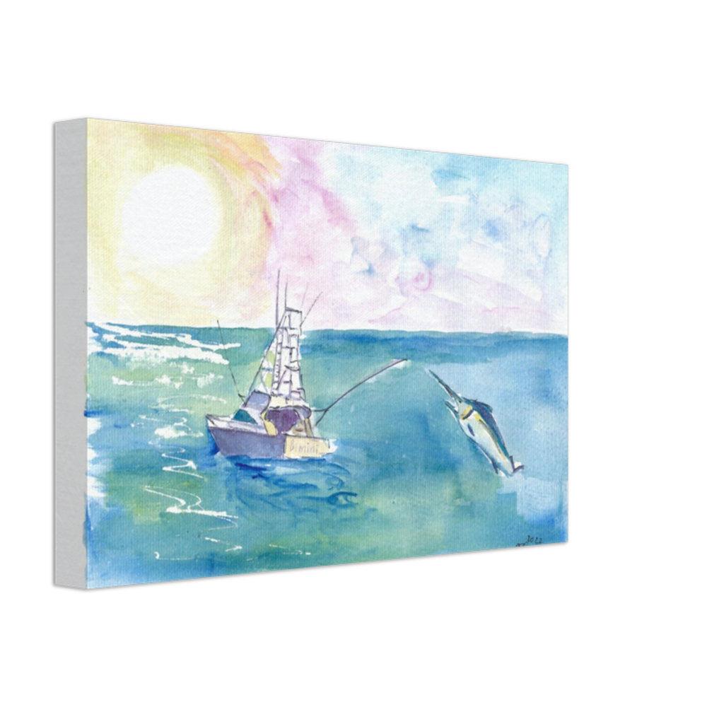 Gone Caribbean Fishing With Yacht and Marlin - Limited Edition Fine Art Print - Original Painting available