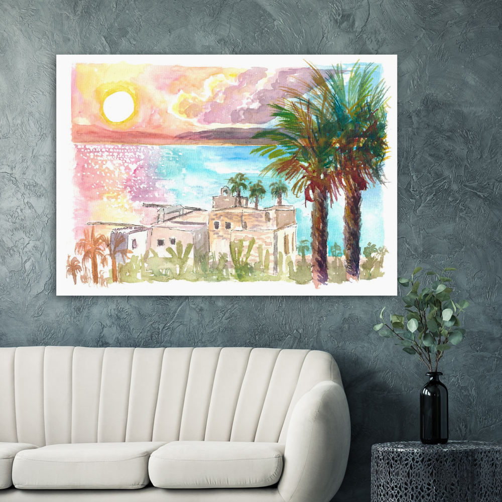 Sea of Galilee Sunset Dreams with Palms - Limited Edition Fine Art Print - Original Painting available