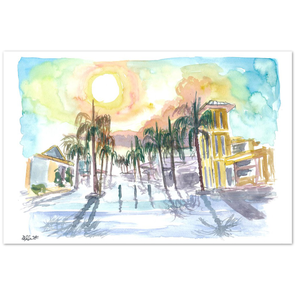 Fort Myers Florida Street Scene with Sunset - Limited Edition Fine Art Print