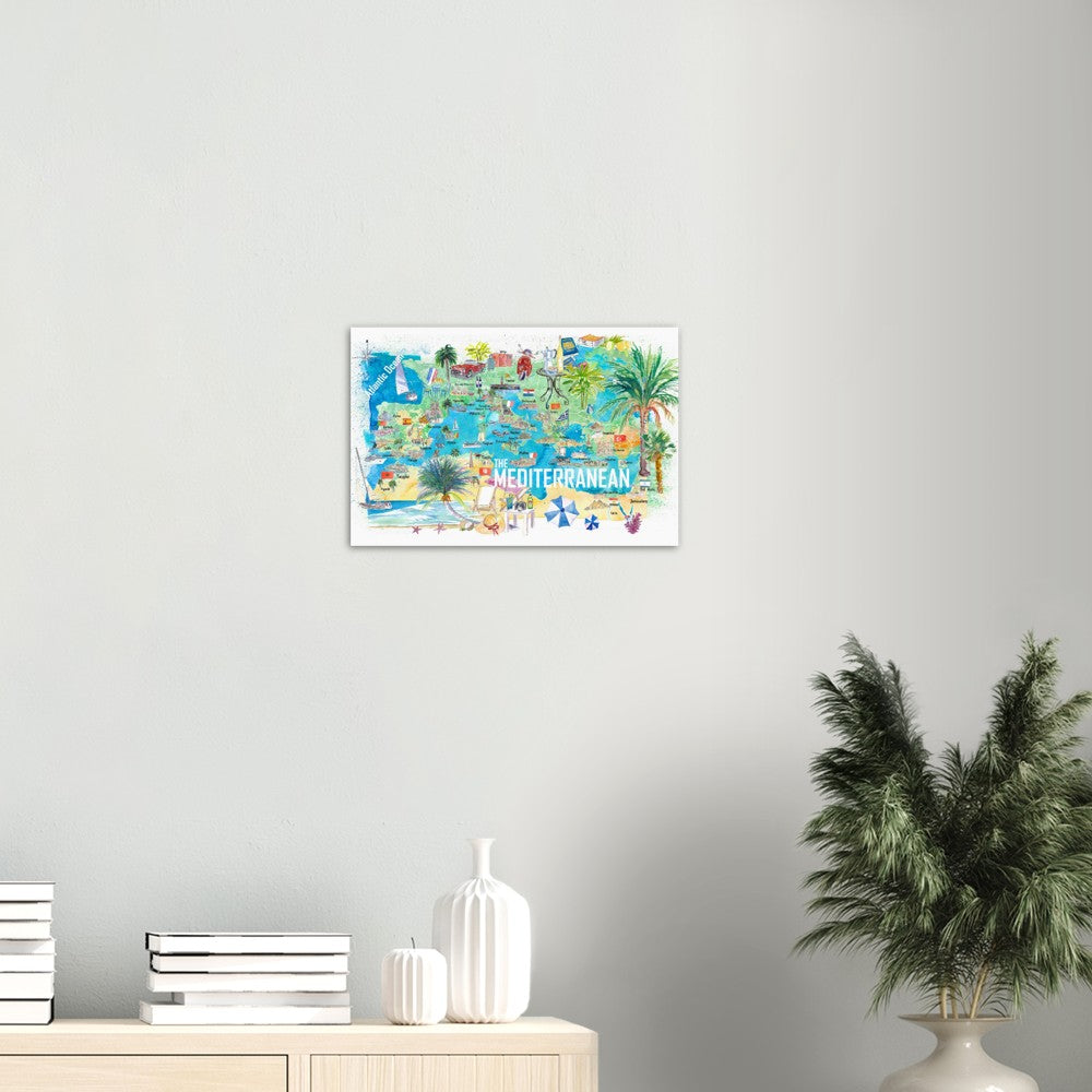 Illustrated Mediterranean Sea Travel Poster Map with Spain Italy Greece Palma Ibiza Fine Art Print