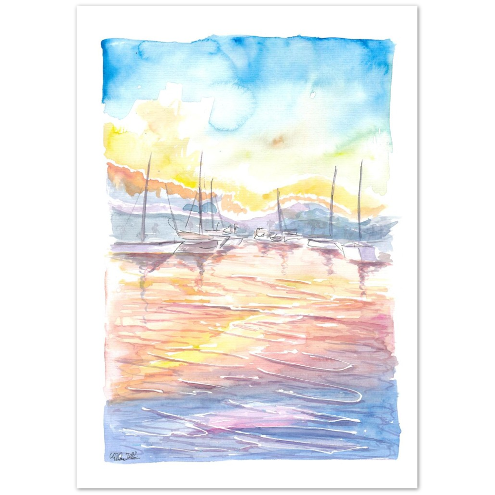 Dreamy Yacht Harbour with Sunset and Light on Water