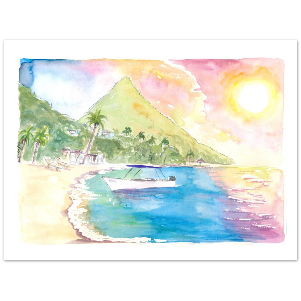 St Lucia Sunset and Amazing Piton Beach Scene
