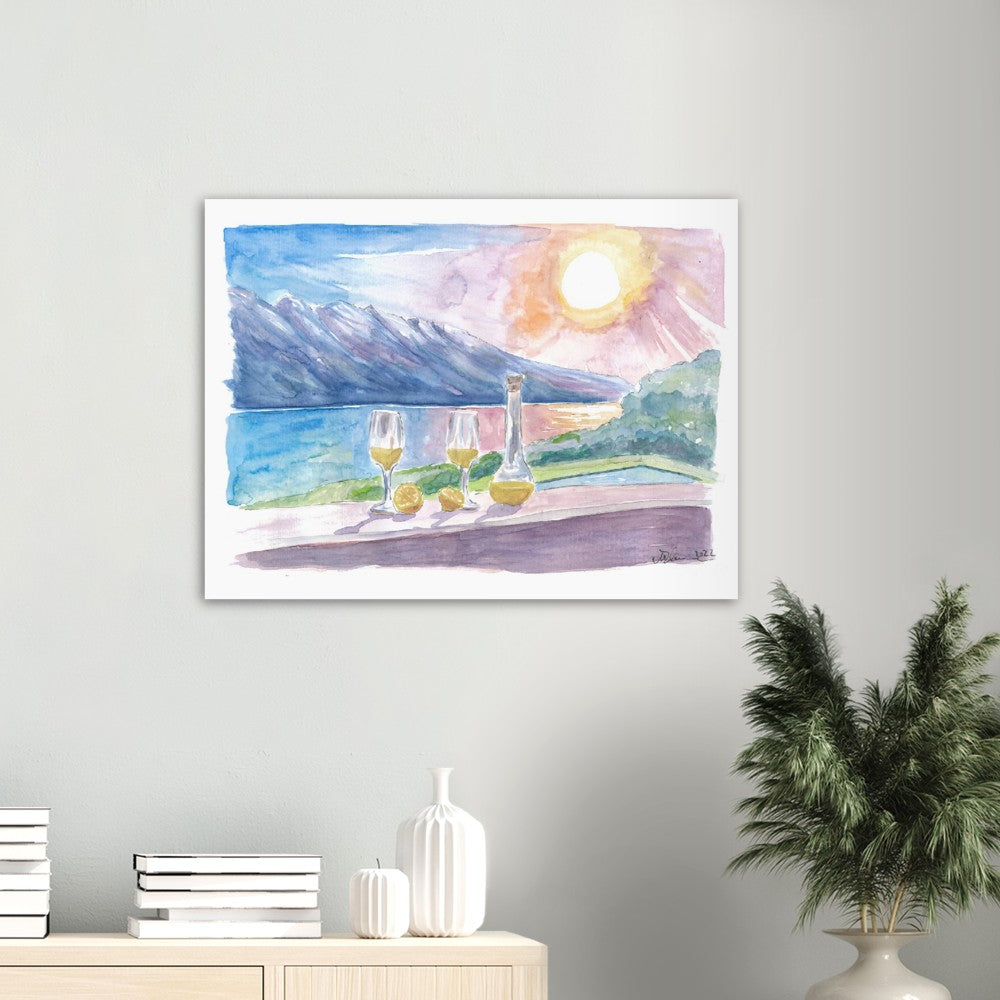 Lake Garda with Limoncello and Incredible view of Mountains and Seashore - Limited Edition Fine Art Print - Original Painting available