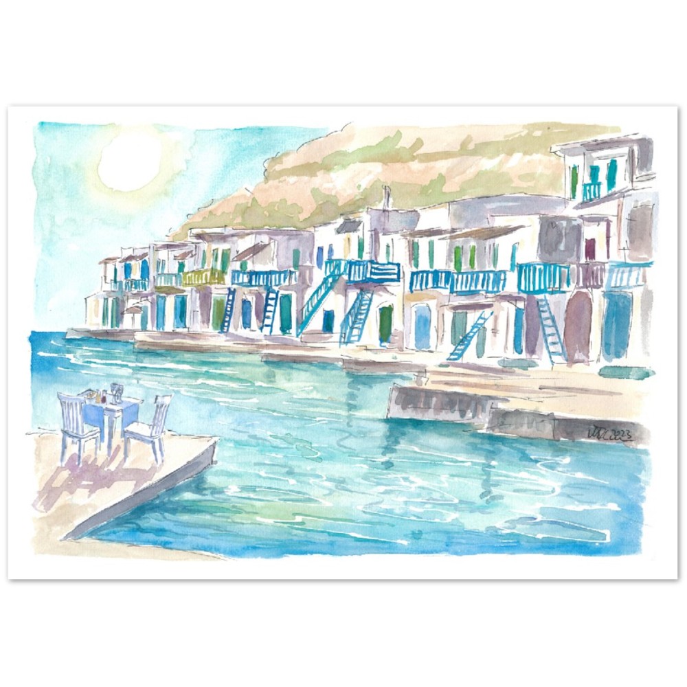 Milos Greece Aegean Island Dreams with Harbour Scene - Limited Edition Fine Art Print - Original Painting available