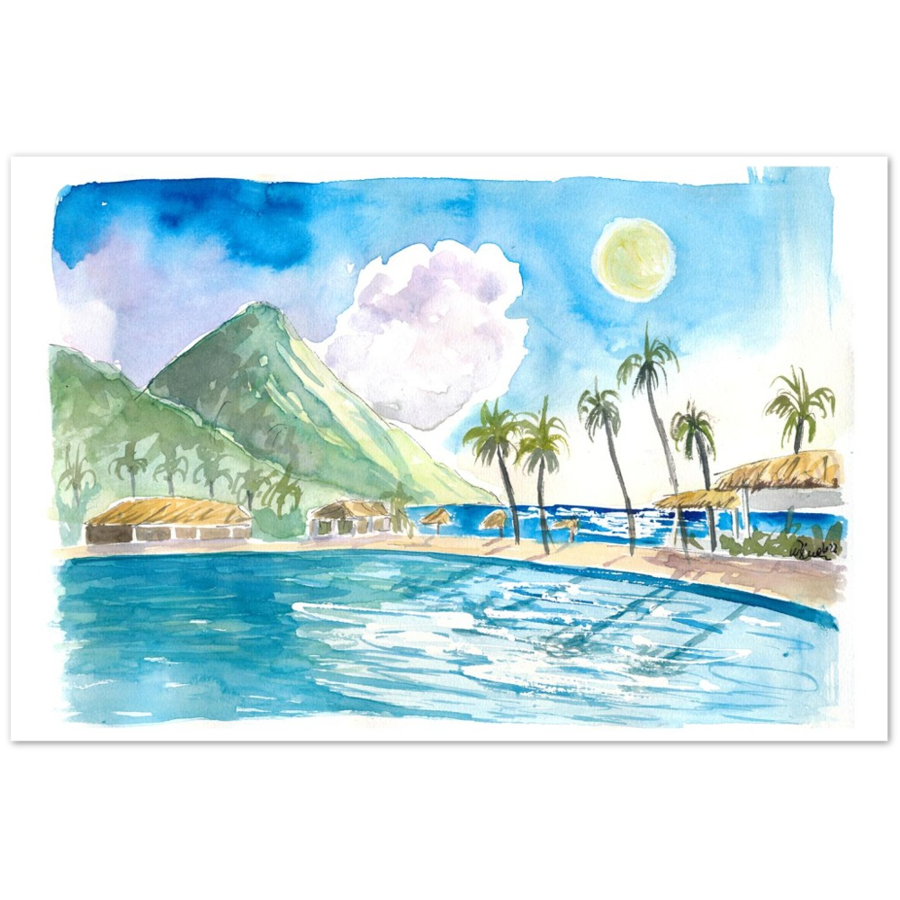 Saint Lucia Pitons and Incredible Caribbean Infinity Pool - Limited Edition Fine Art Print - Original Painting available