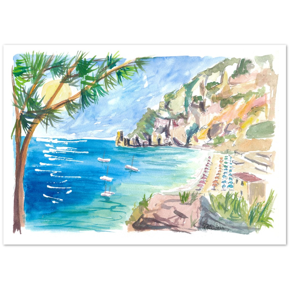 Cetara Amalfi Coast Zen with Turquoise Sea and Boats - Limited Edition Fine Art Print - Original Painting available