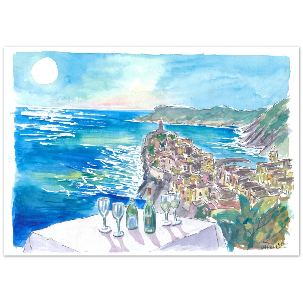 Mediterranean View from Restaurant with Wine and Vernazza Cinque Terre - Limited Edition Fine Art Print - Original Painting available