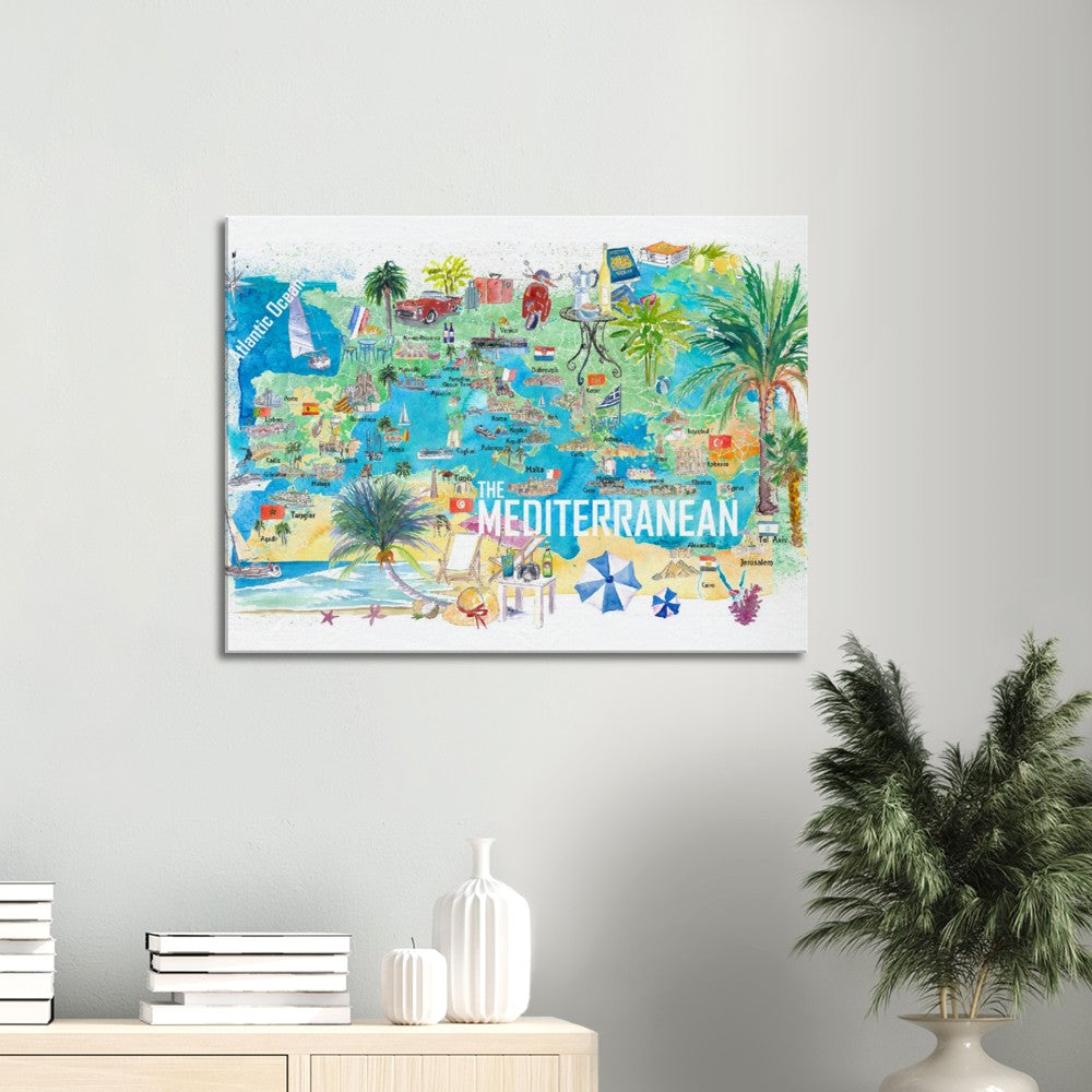 Illustrated Mediterranean Sea Travel Poster Map with Spain Italy Greece Palma Ibiza Fine Art Print