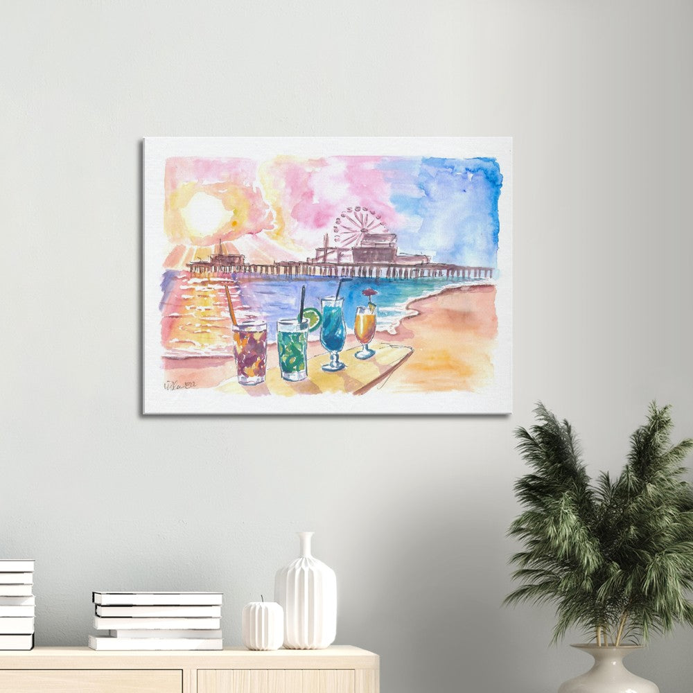 Sunset Fruit Cocktails with Santa Monica Pier at the Beach - Limited Edition Fine Art Print - Original Painting available