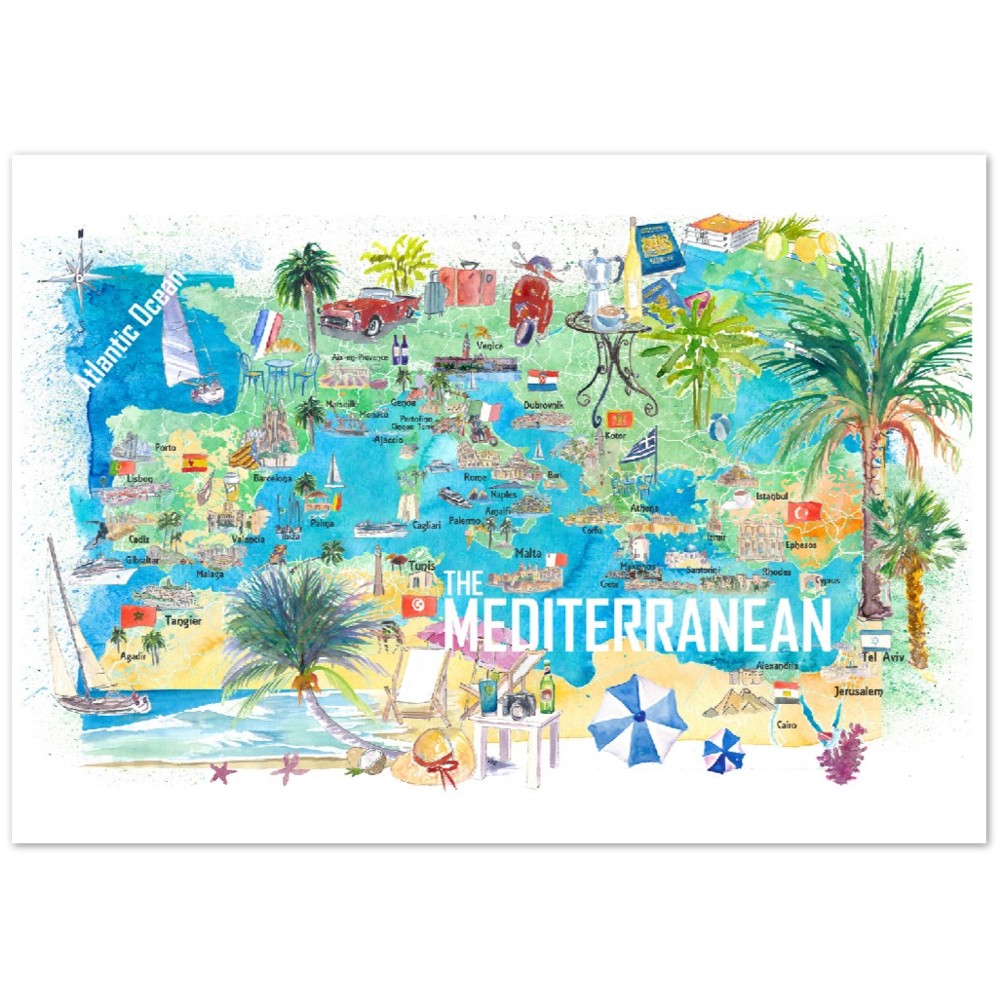 Illustrated Mediterranean Sea Travel Poster Map with Spain Italy Greece Palma Ibiza Fine Art Print