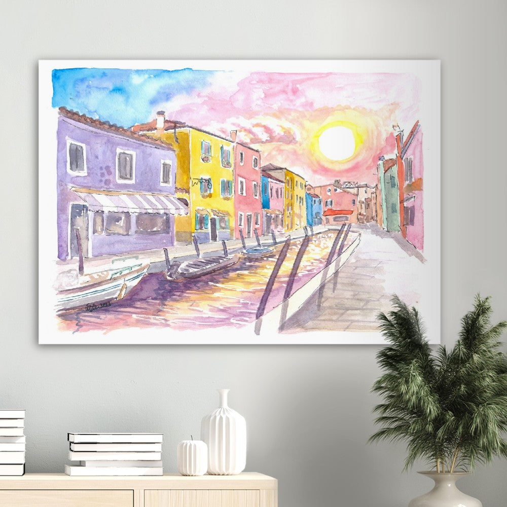 Colorful Burano Canal with Shops and Sun Reflections on Canal - Limited Edition Fine Art Print - Original Painting available