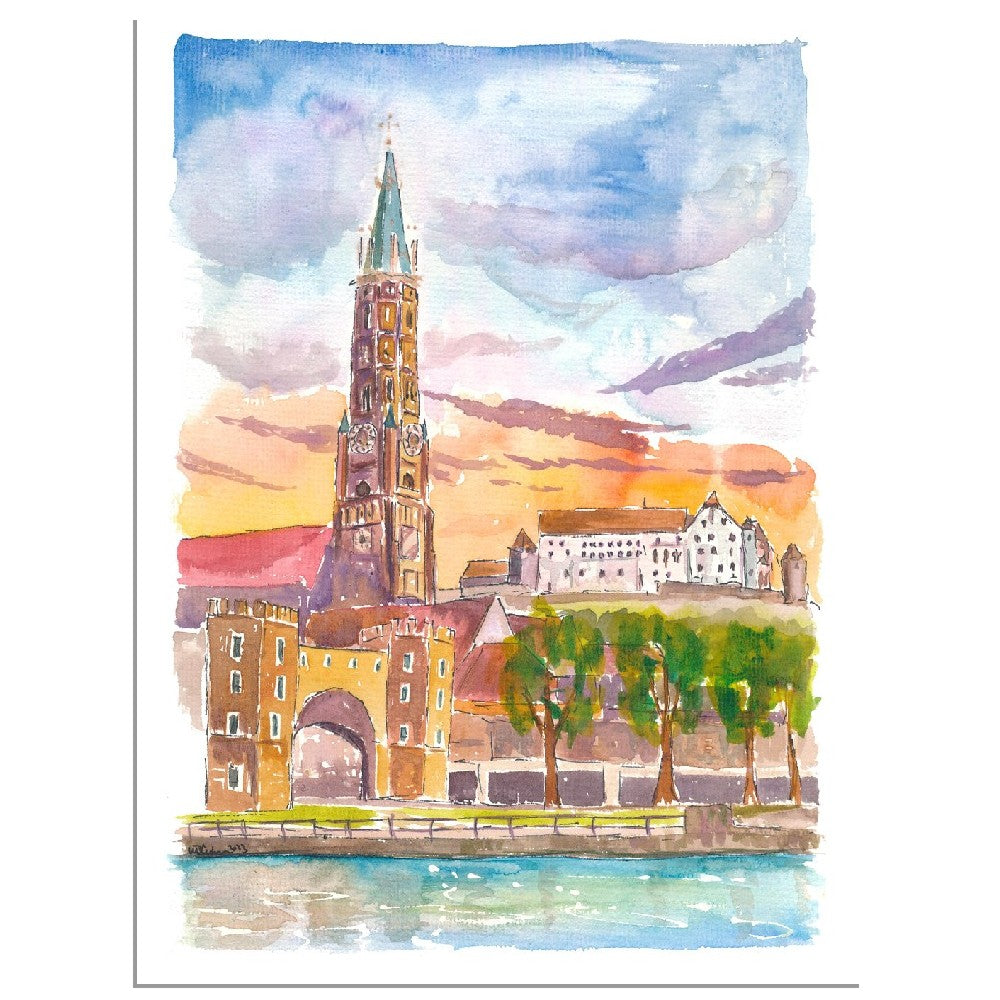 Landshut Bavaria Morning View of City Gate Church and Trausnitz - Limited Edition Fine Art Print - Original Painting available