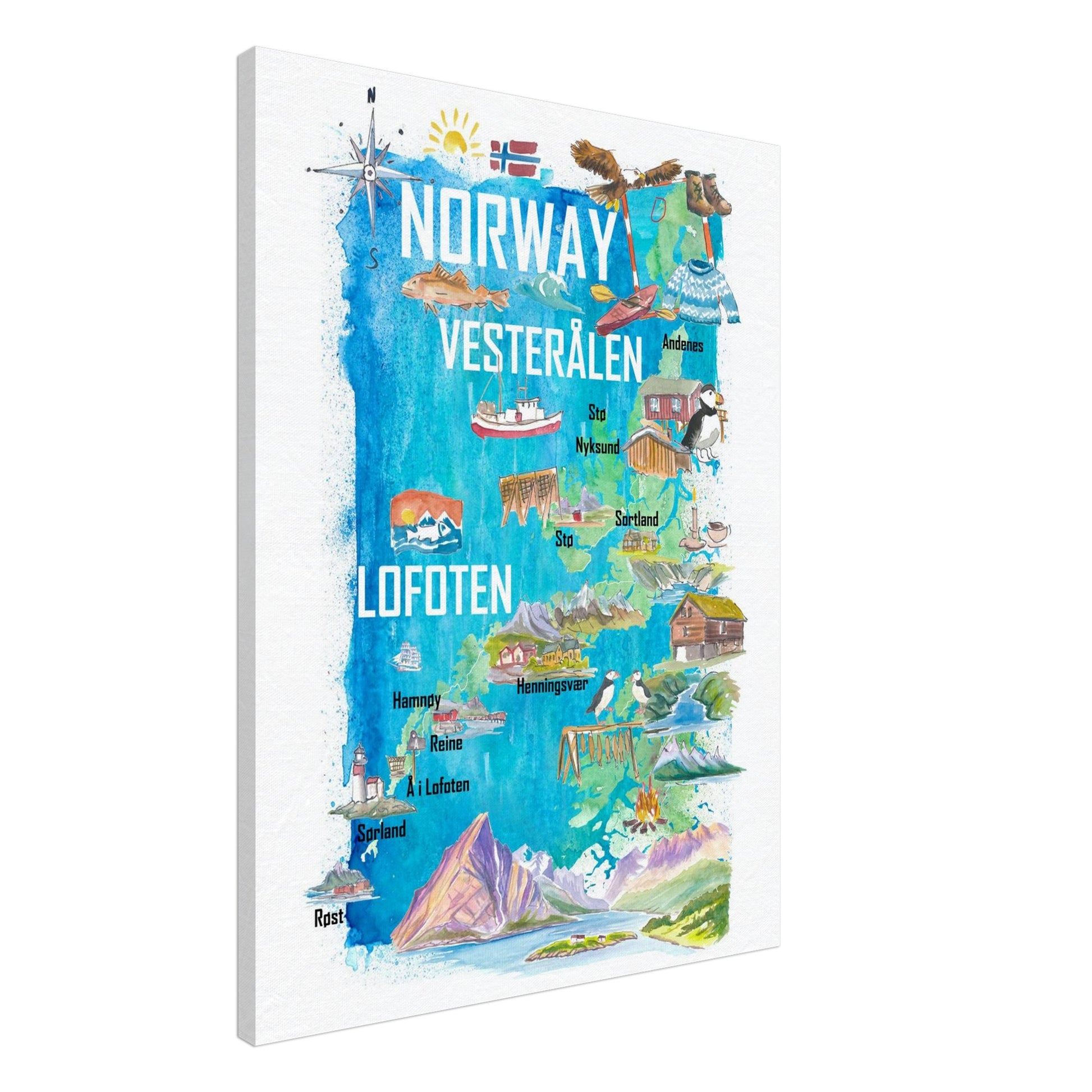 Lofoten & Vesterålen Illustrated Norway Map with Iconic Landmarks ...