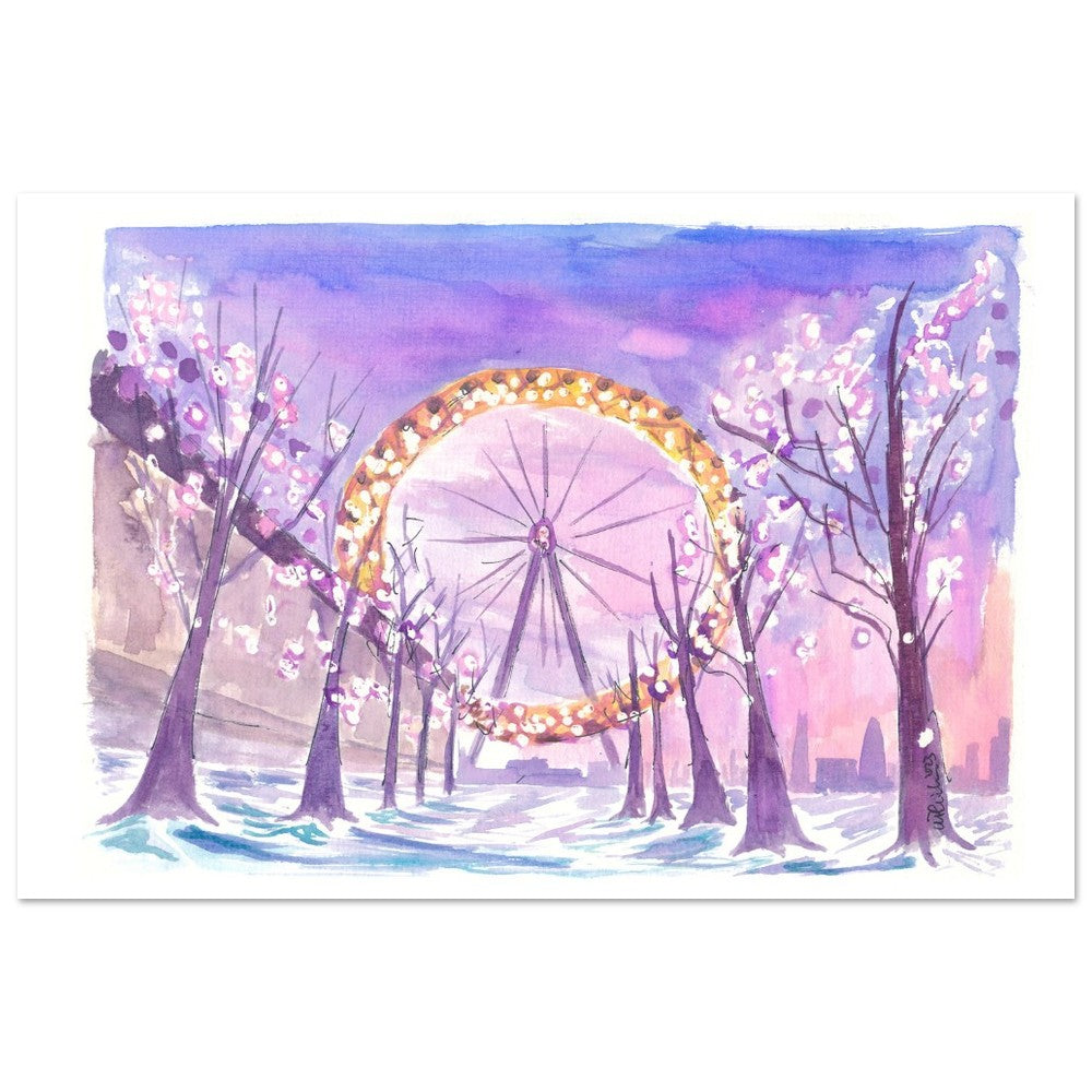 London England View of Eye in Winter with Snow South Bank - Limited Edition Fine Art Print -