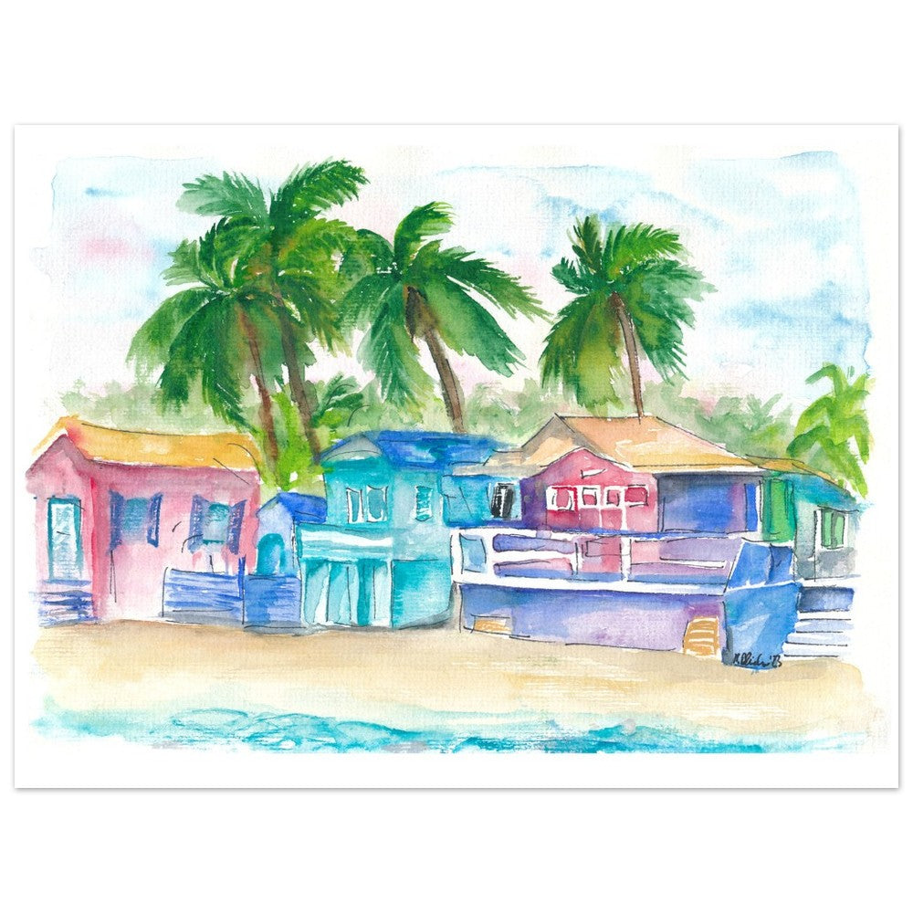 Colorful Tropical Houses at the Caribbean Dream Beach Island - Limited Edition Fine Art Print - Original Painting available