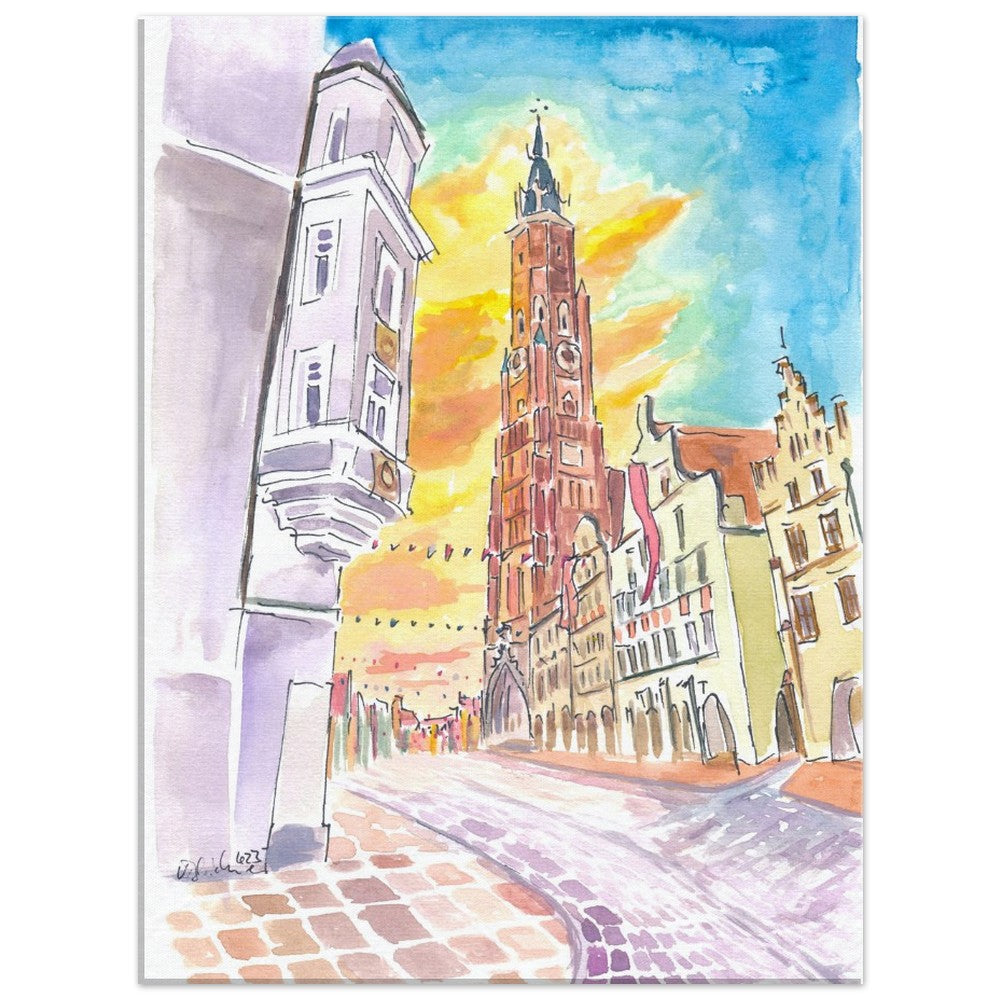 Festive Landshut Oldtown with Illuminated Clouds and Saint Martin at Sunset - Limited Edition Fine Art Print - Original Painting available