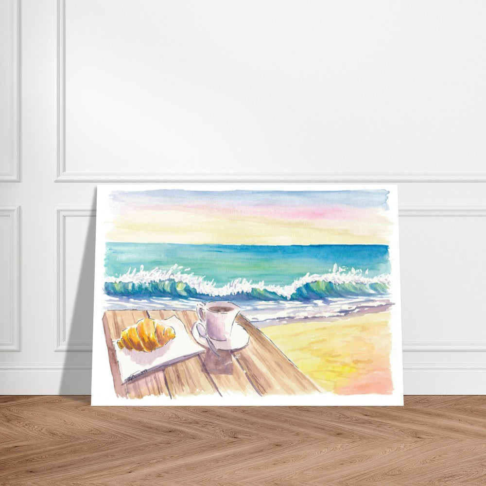 Beautiful Beach Morning with Coffee Brioche and Waves - Limited Edition Fine Art Print - Original Painting available