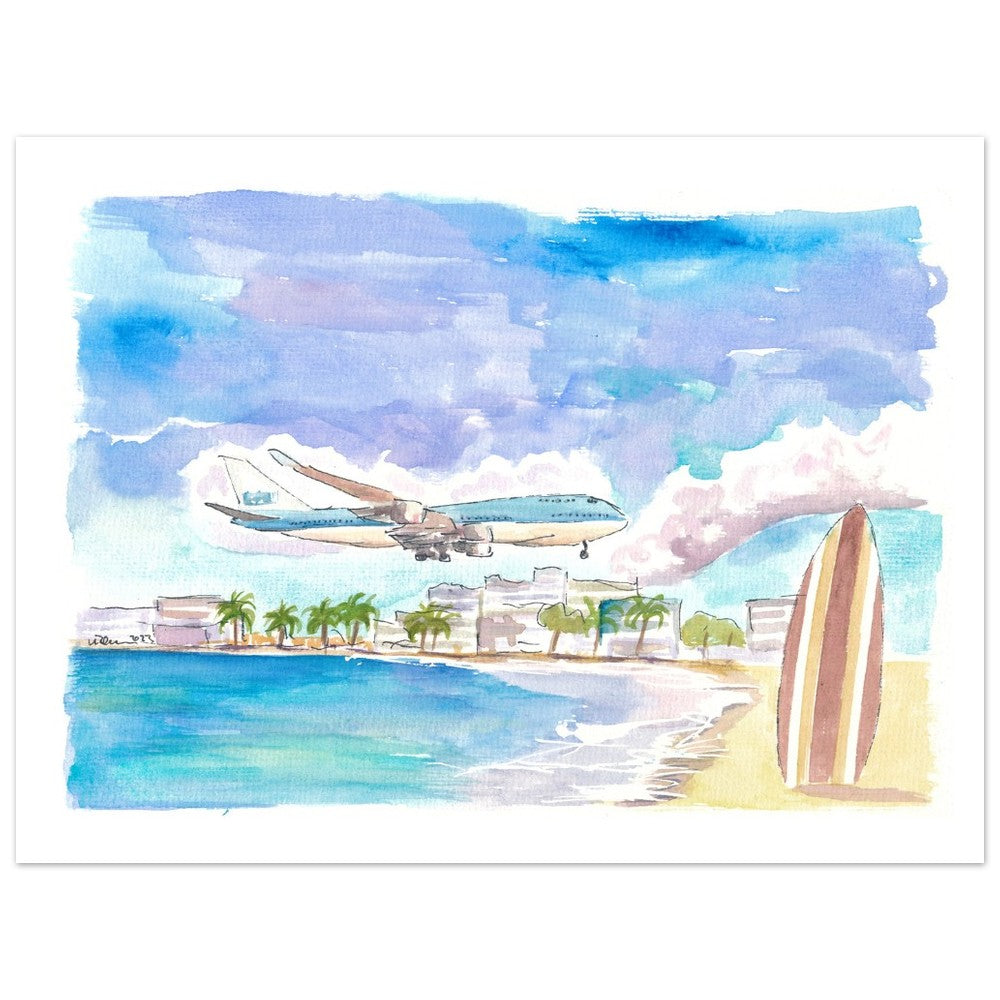 Fascinating Sint Maarten Maho Beach Scene with Plane Landing - Limited Edition Fine Art Print - Original Painting available