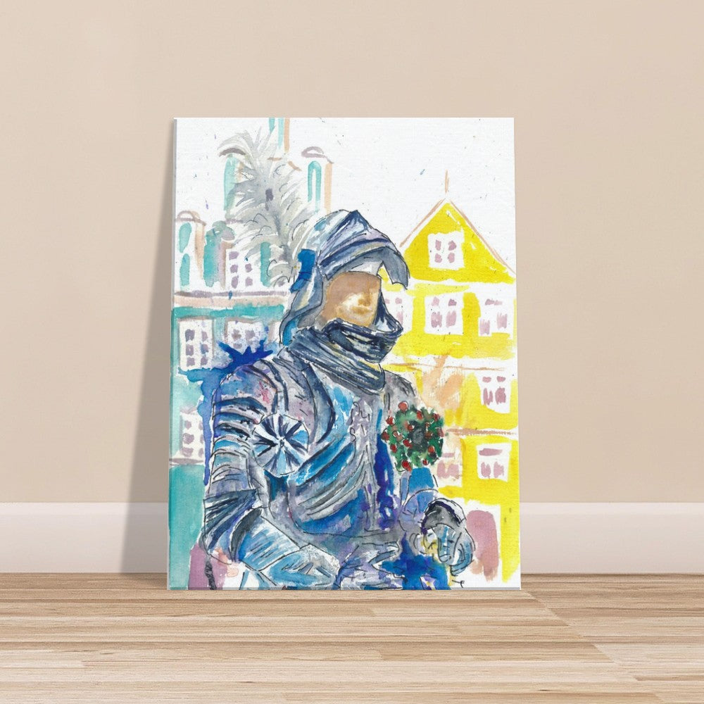 Armored Knight with Medieval Old Town Houses in Landshut Bavaria - Limited Edition Fine Art Print - Original Painting available