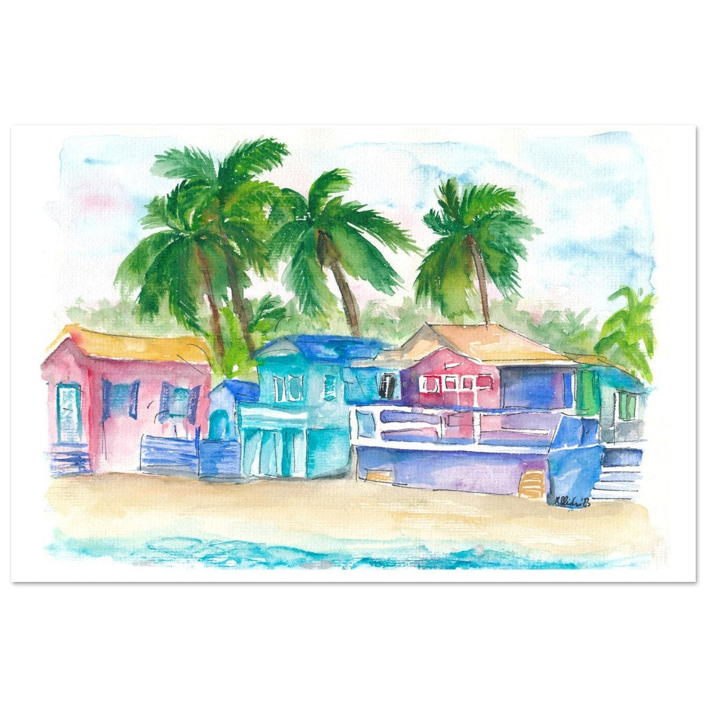 Colorful Tropical Houses at the Caribbean Dream Beach Island - Limited Edition Fine Art Print - Original Painting available