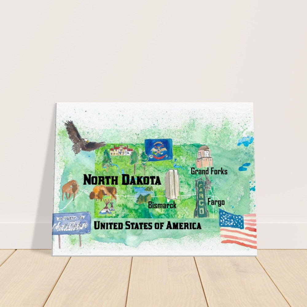 North Dakota Illustrated US State Travel Map with Highlights
