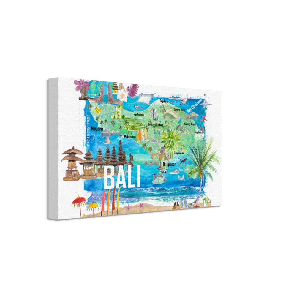 Bali Illustrated Island Travel Map with Tourist Highlights of Indonesia