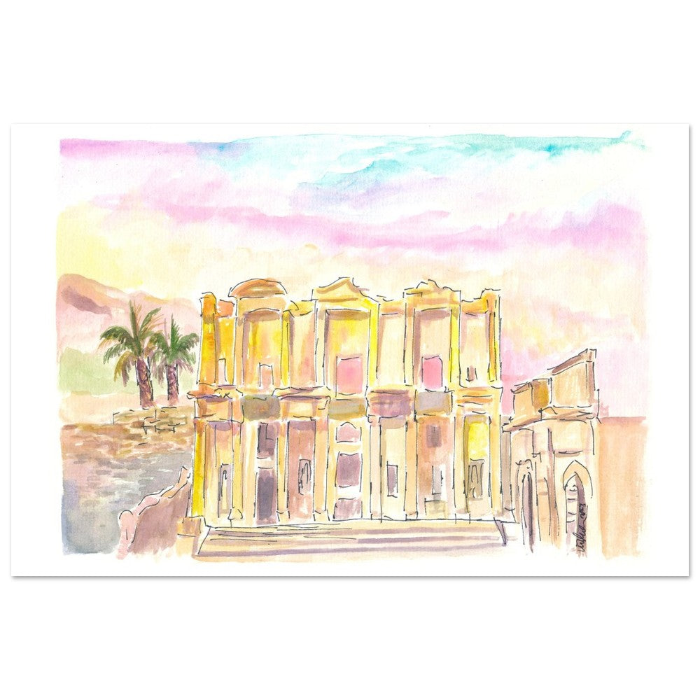 Ancient Ephesus with Roman Ruins of Celsus Library in warm Sunlight - Limited Edition Fine Art Print - Original Painting available