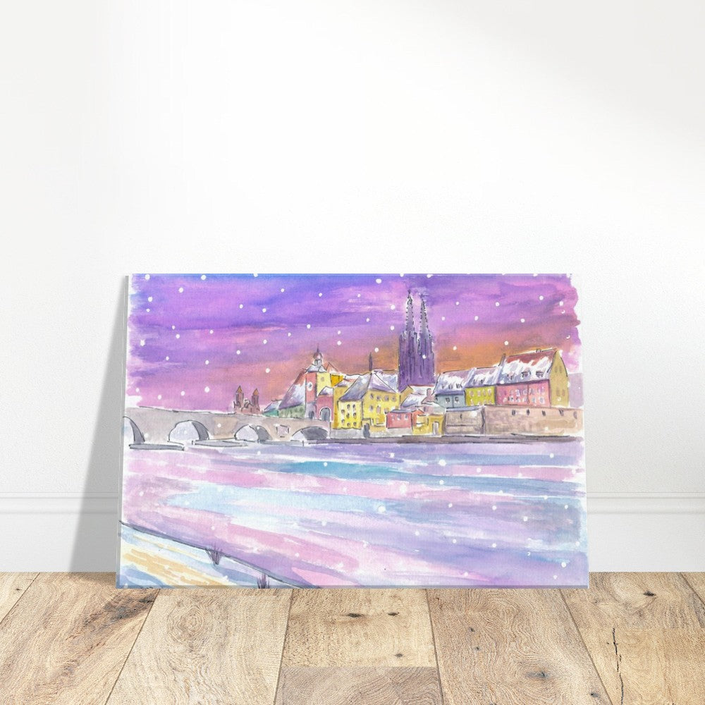 Winter Dawn in Regensburg Bavaria with Danube Stone Bridge and Cathedral - Limited Edition Fine Art Print - Original Painting available