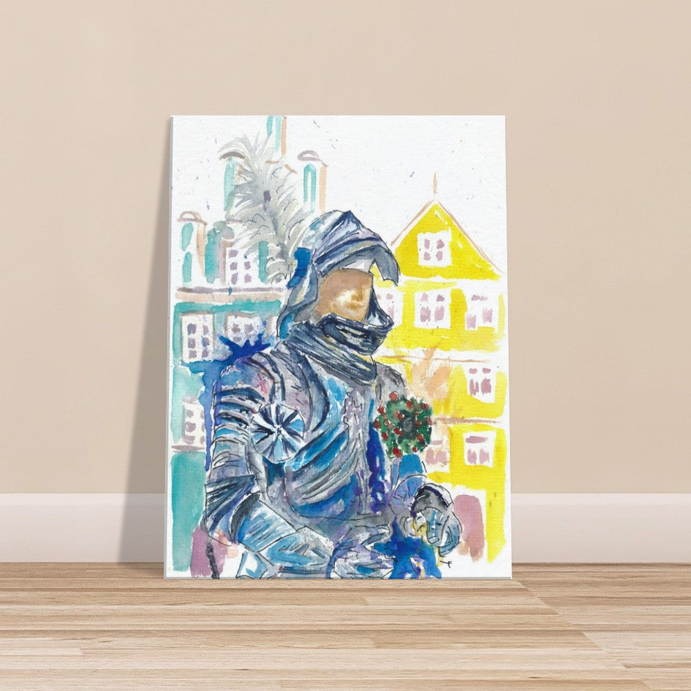 Armored Knight with Medieval Old Town Houses in Landshut Bavaria - Limited Edition Fine Art Print - Original Painting available