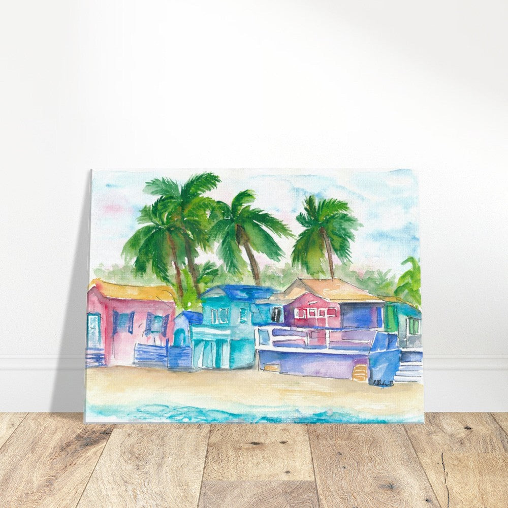 Colorful Tropical Houses at the Caribbean Dream Beach Island - Limited Edition Fine Art Print - Original Painting available