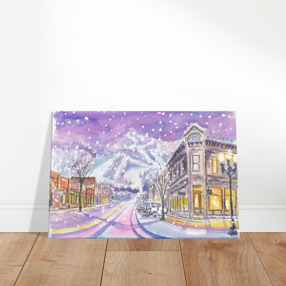 Aspen Colorado Nightly Winter Street Scene with Snowing Mood - Limited Edition Fine Art Print - Original Painting available