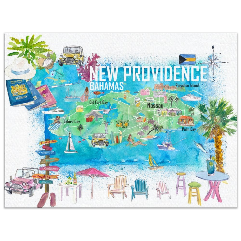 New Providence Bahamas Illustrated Island Travel Map with Landmarks and Highlights - Fine Art Print