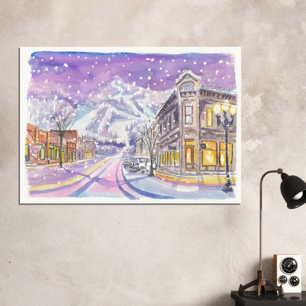 Aspen Colorado Nightly Winter Street Scene with Snowing Mood - Limited Edition Fine Art Print - Original Painting available